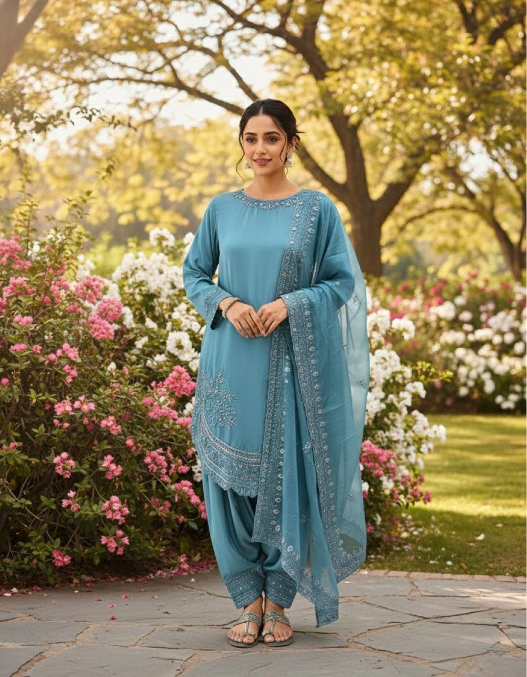 Anaita Blue Crepe Readymade Suit with Embroidery & Sequence Work