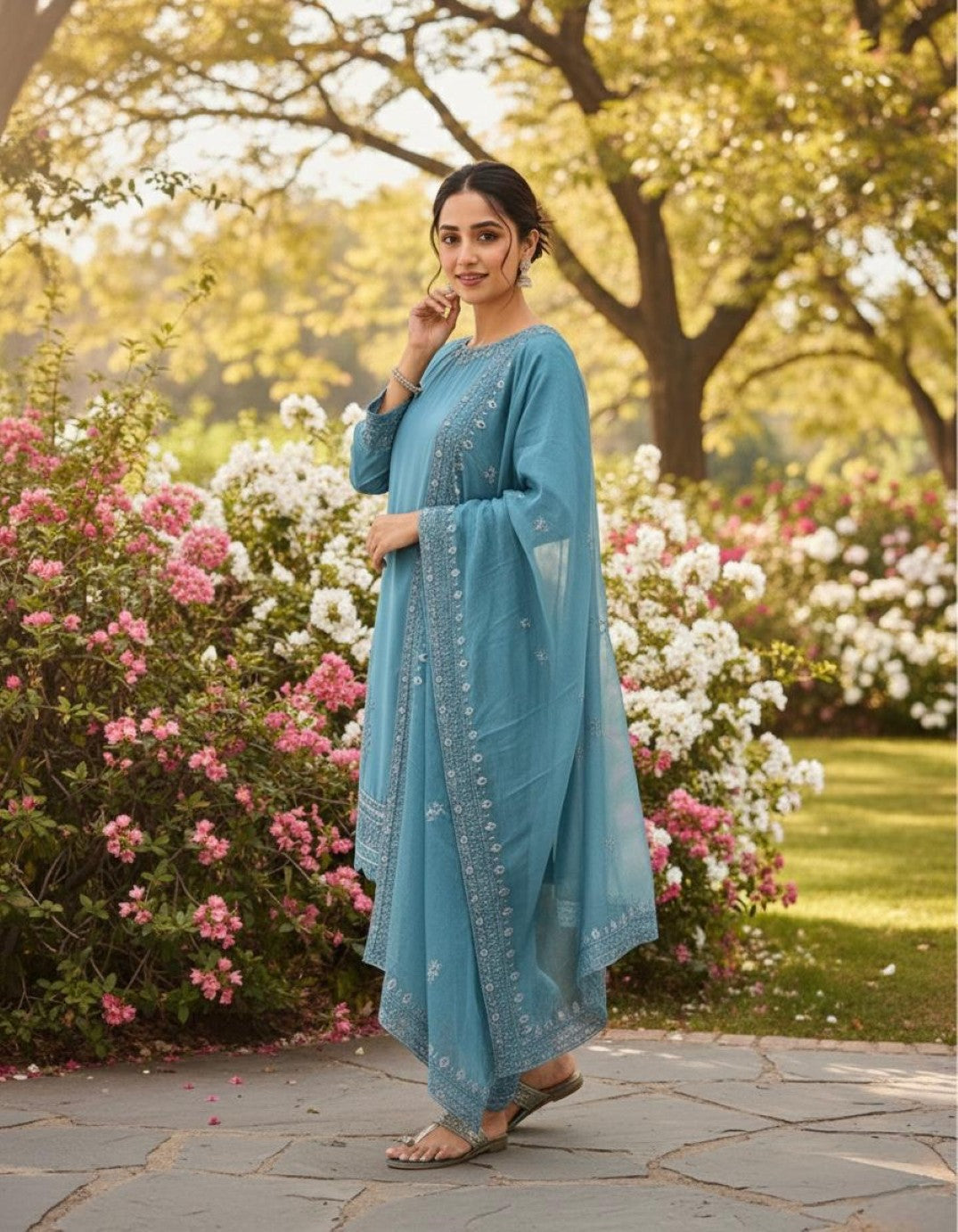 Anaita Blue Crepe Readymade Suit with Embroidery & Sequence Work