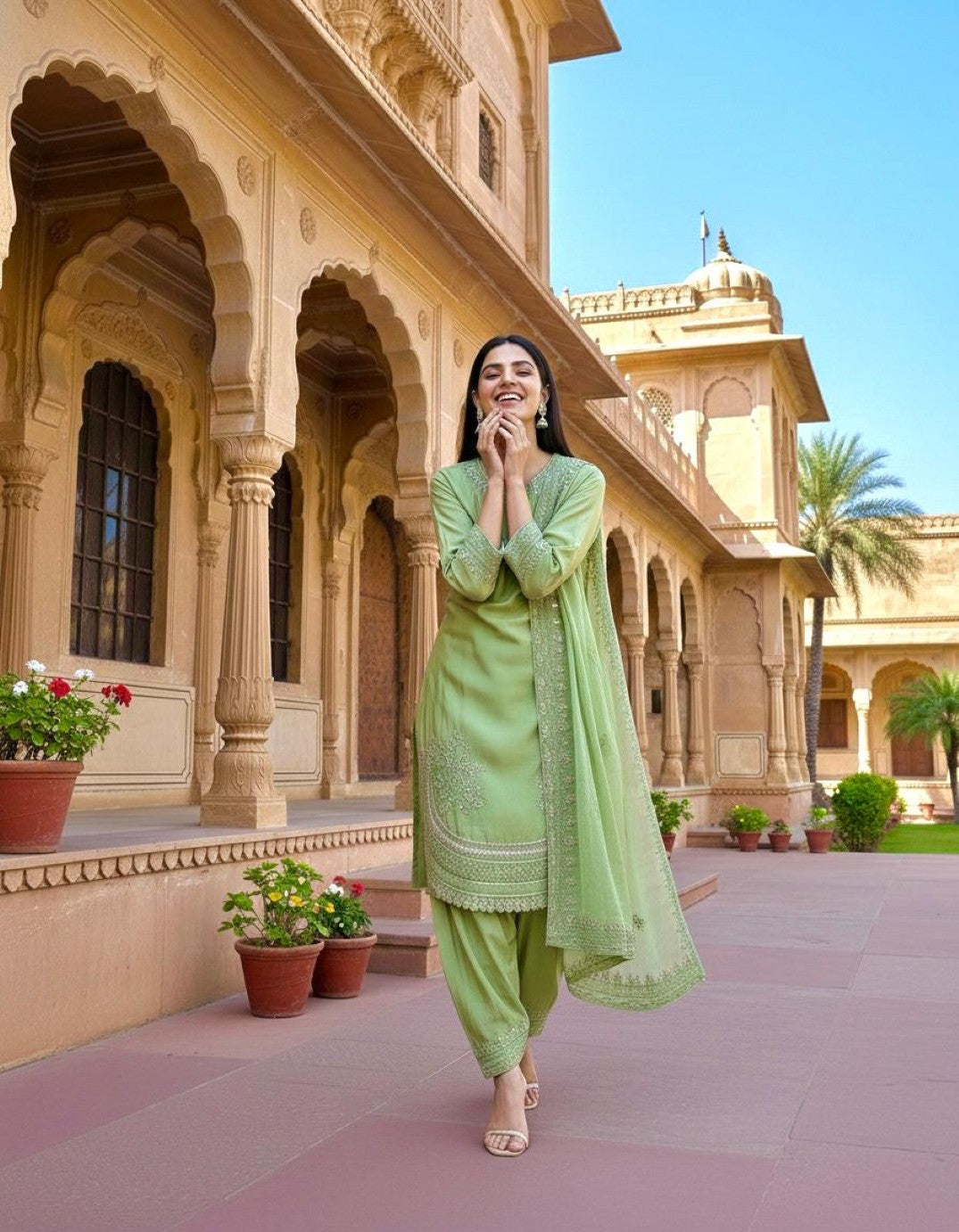 Anaita Green Crepe Readymade Suit with Embroidery & Sequence Work