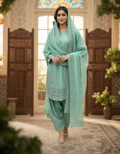 Anaita Sky Blue Crepe Readymade Suit with Embroidery & Sequence Work
