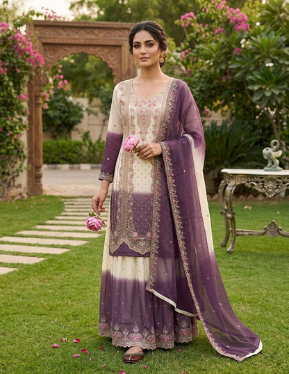 Anaita White & Purple Georgette Readymade Suit with Embroidery Thread Work
