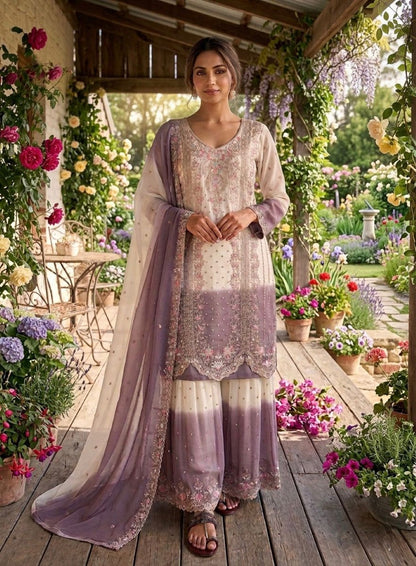 Anaita White & Purple Georgette Readymade Suit with Embroidery Thread Work