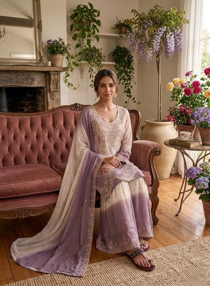 Anaita White & Purple Georgette Readymade Suit with Embroidery Thread Work