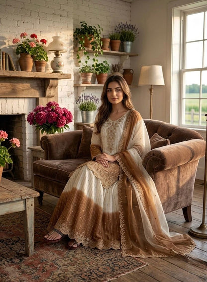 Anaita White & Brown Georgette Readymade Suit with Embroidery Thread Work