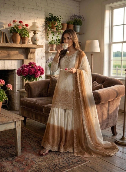 Anaita White & Brown Georgette Readymade Suit with Embroidery Thread Work