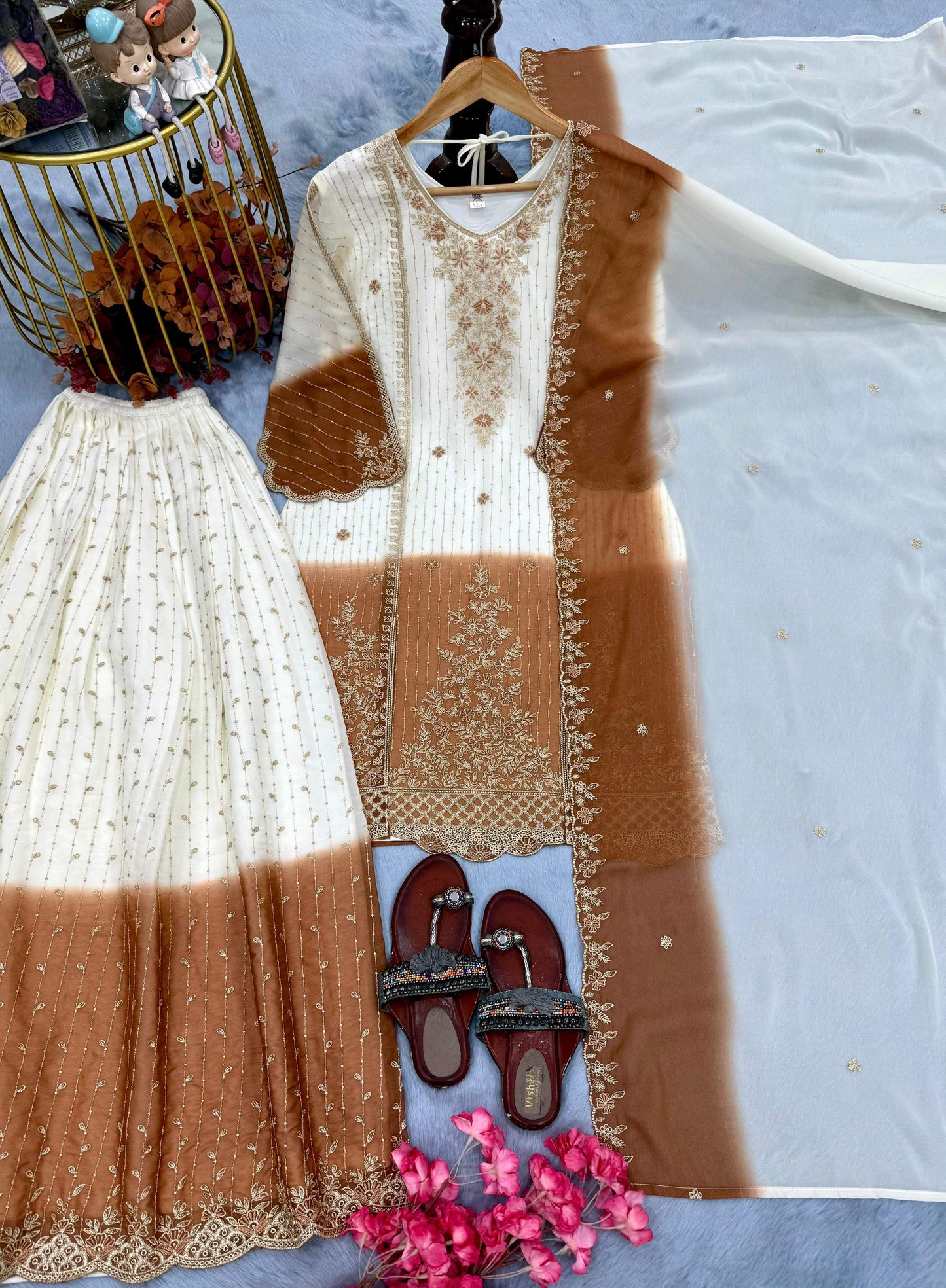 Anaita White & Brown Georgette Readymade Suit with Embroidery Thread Work
