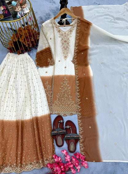 Anaita White & Brown Georgette Readymade Suit with Embroidery Thread Work