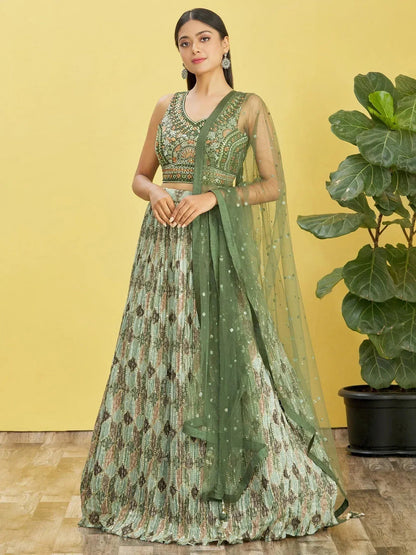 Tulsi Art Attractive Green Embroidered Chinon Mehendi Wear Lehenga Choli