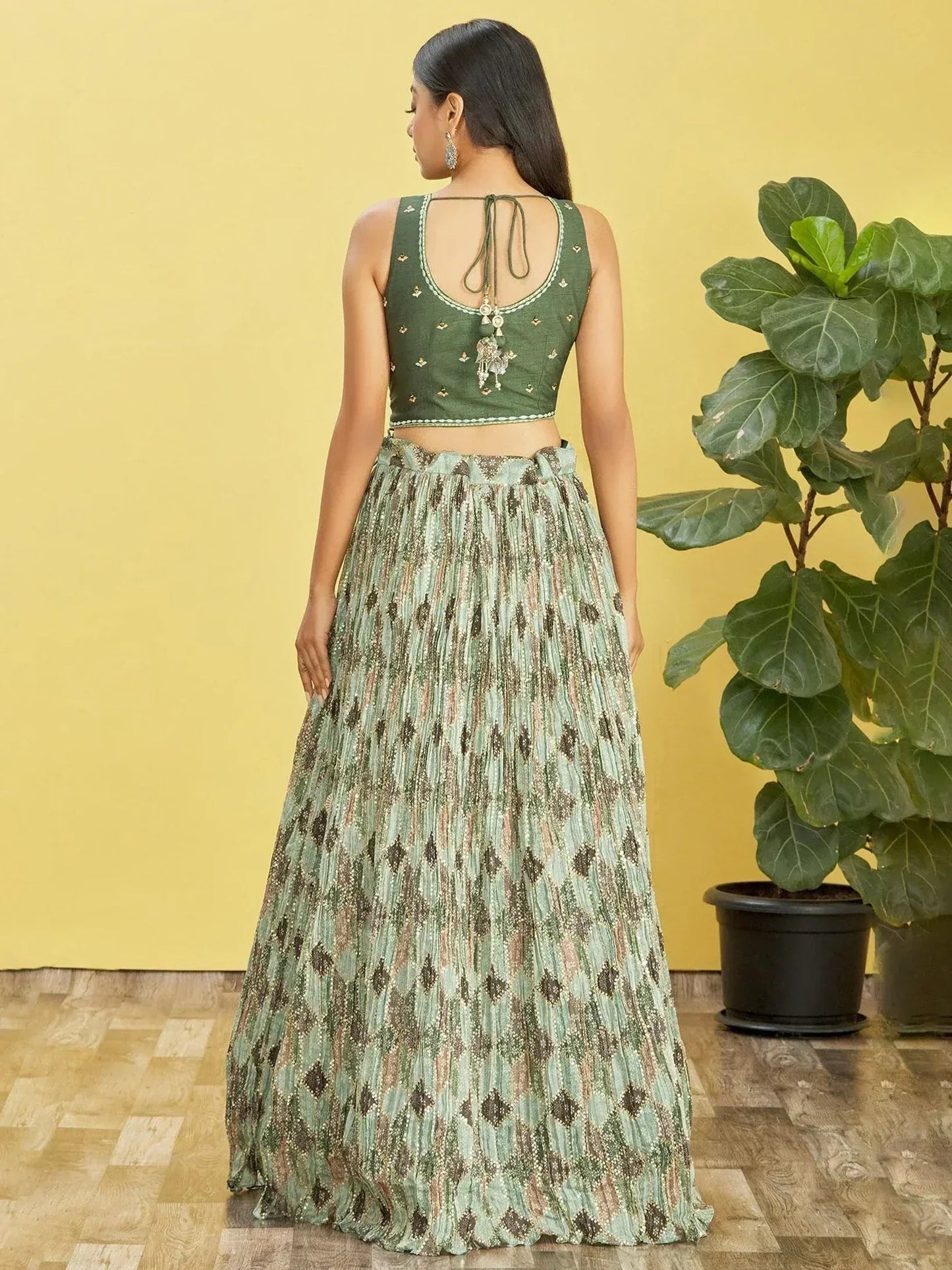 Tulsi Art Attractive Green Embroidered Chinon Mehendi Wear Lehenga Choli
