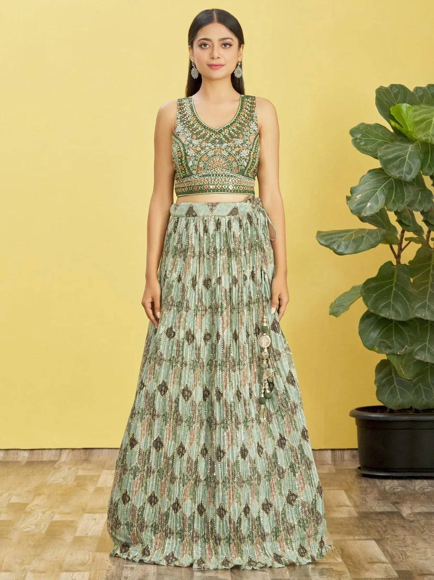 Tulsi Art Attractive Green Embroidered Chinon Mehendi Wear Lehenga Choli