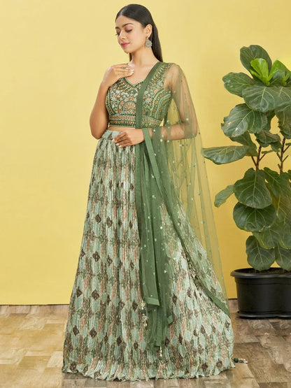 Tulsi Art Attractive Green Embroidered Chinon Mehendi Wear Lehenga Choli