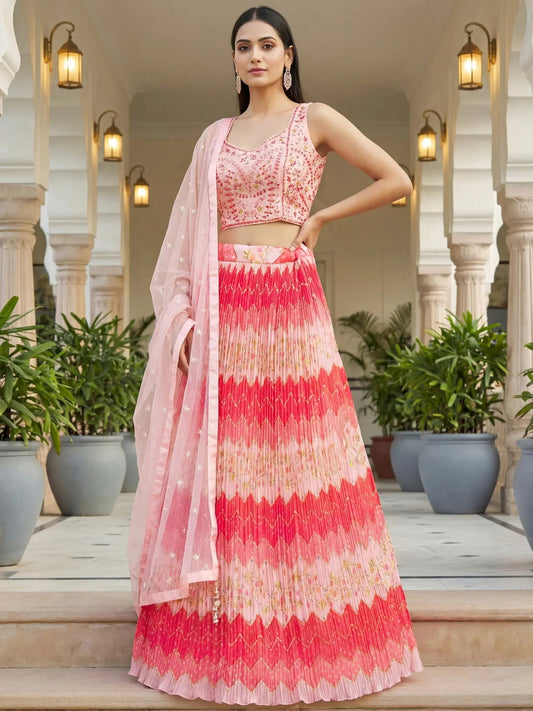 Tulsi Art Glamorous Pink Embroidered Chinon Wedding Wear Lehenga Choli