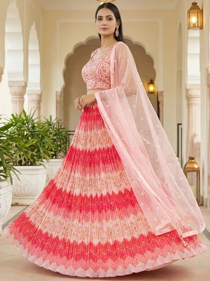 Tulsi Art Glamorous Pink Embroidered Chinon Wedding Wear Lehenga Choli