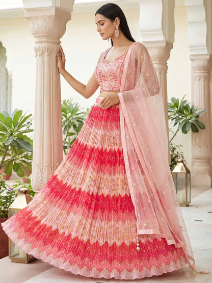 Tulsi Art Glamorous Pink Embroidered Chinon Wedding Wear Lehenga Choli