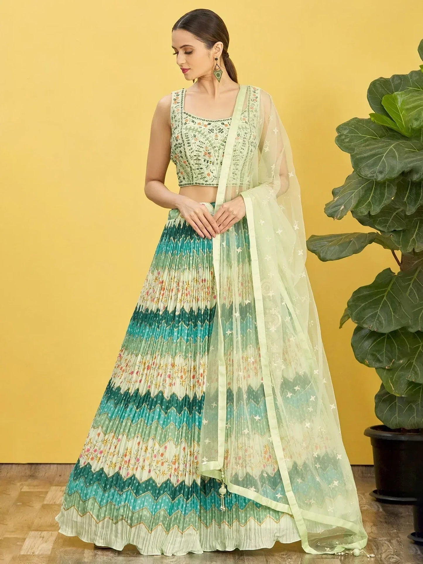 Tulsi Art Styling Green Mirror Work Chinon Reception Wear Lehenga Choli
