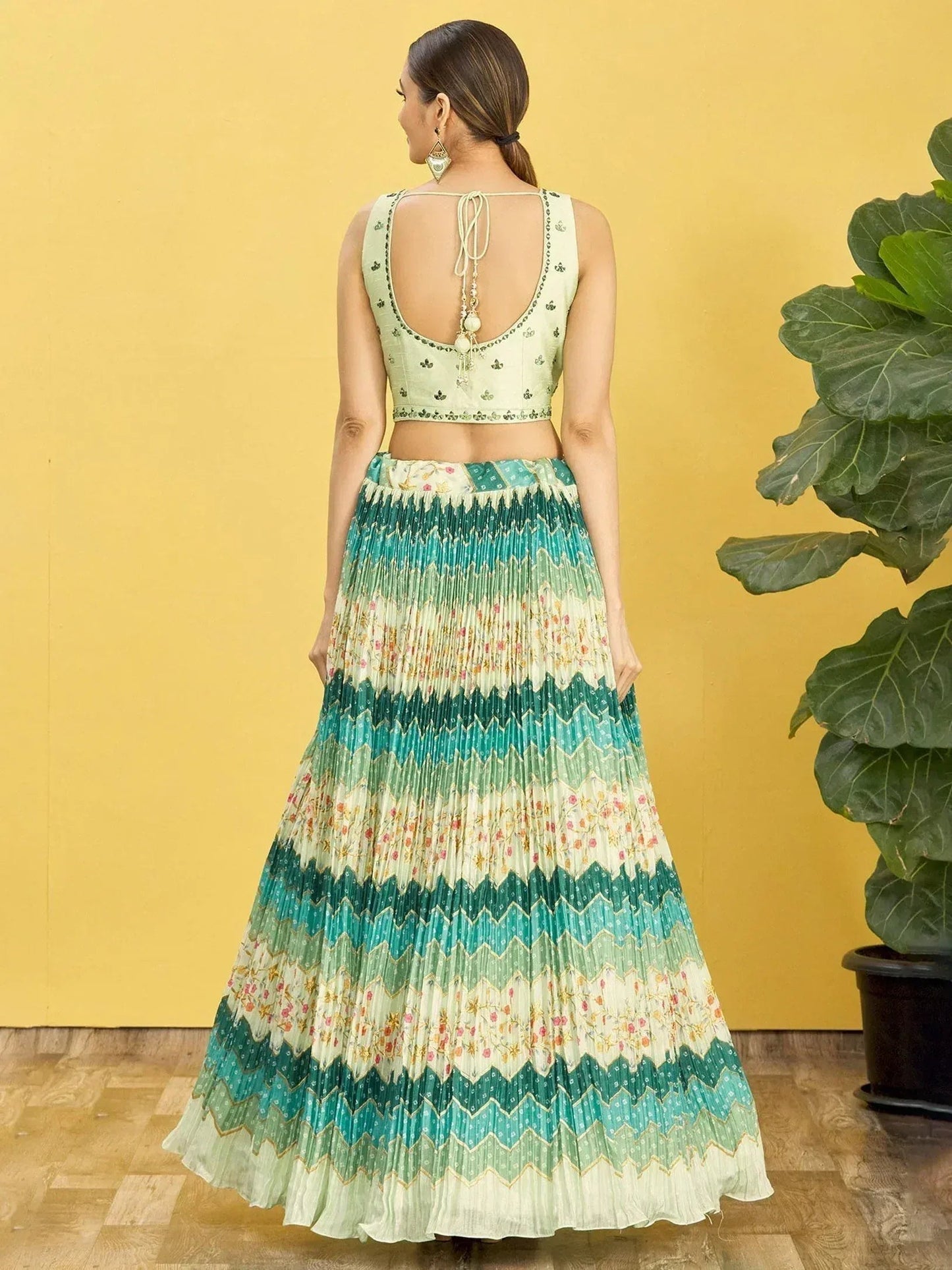 Tulsi Art Styling Green Mirror Work Chinon Reception Wear Lehenga Choli