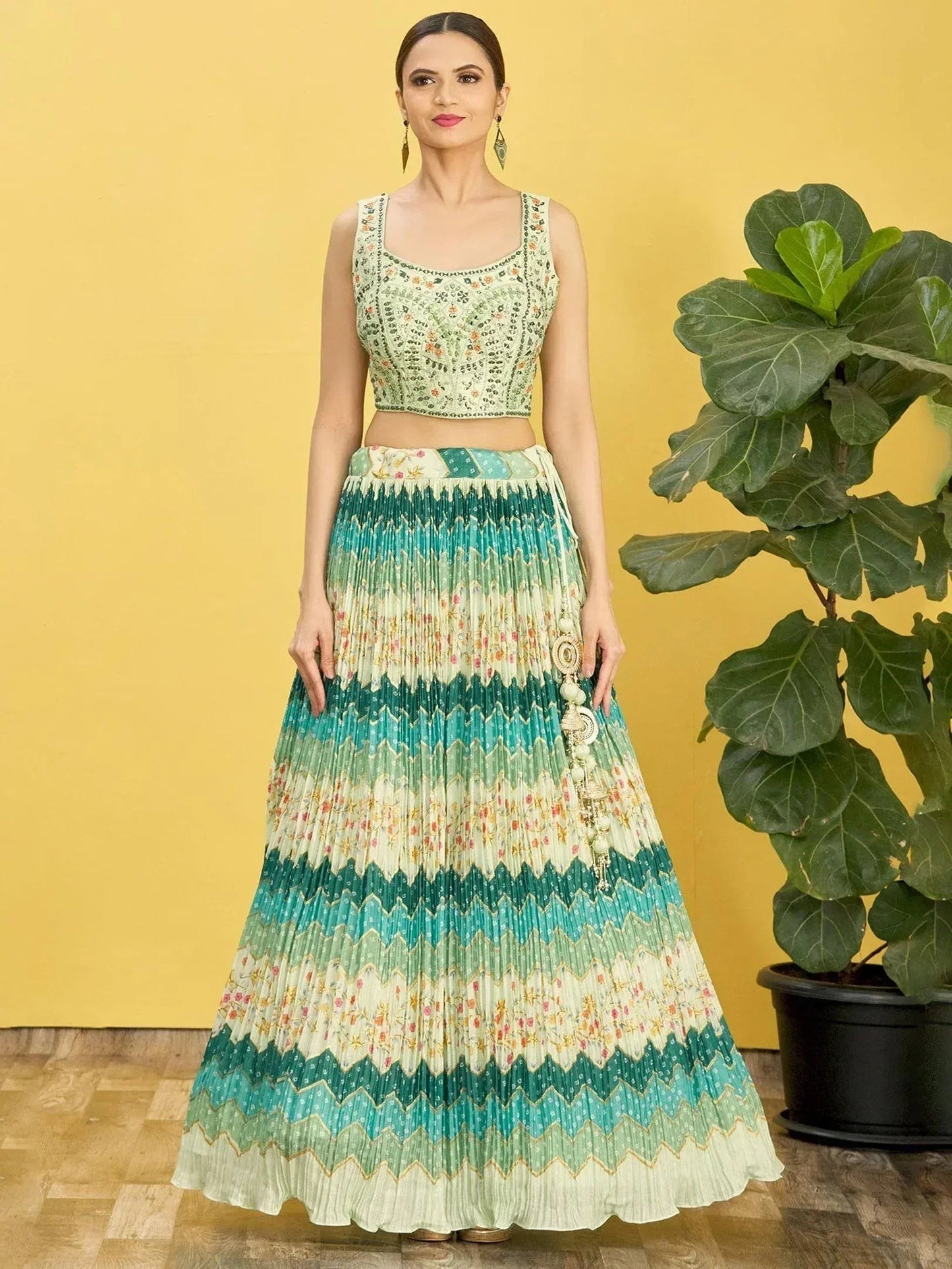 Tulsi Art Styling Green Mirror Work Chinon Reception Wear Lehenga Choli