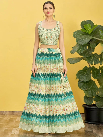 Tulsi Art Styling Green Mirror Work Chinon Reception Wear Lehenga Choli