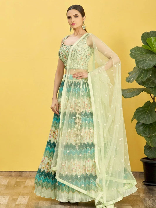 Tulsi Art Styling Green Mirror Work Chinon Reception Wear Lehenga Choli