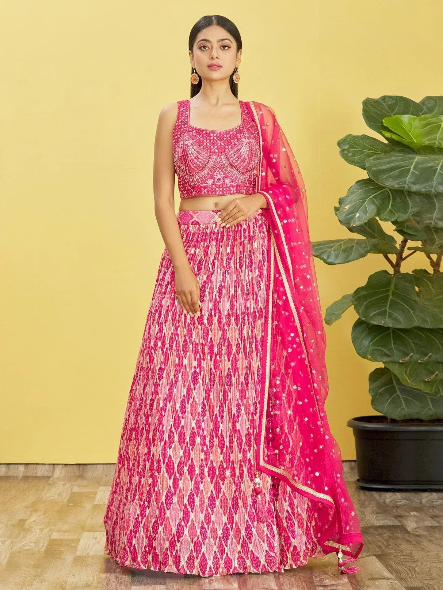 Tulsi Art Beautiful Pink Mirror Work Chinon Reception Wear Lehenga Choli