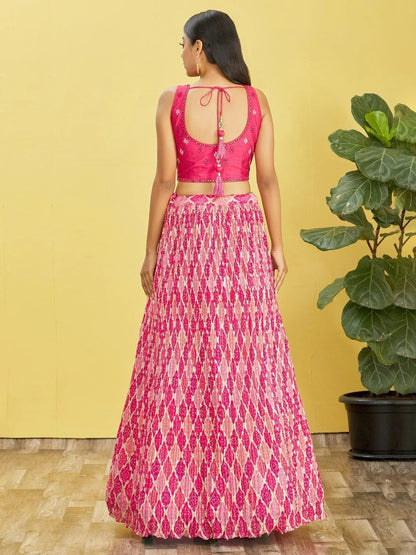 Tulsi Art Beautiful Pink Mirror Work Chinon Reception Wear Lehenga Choli