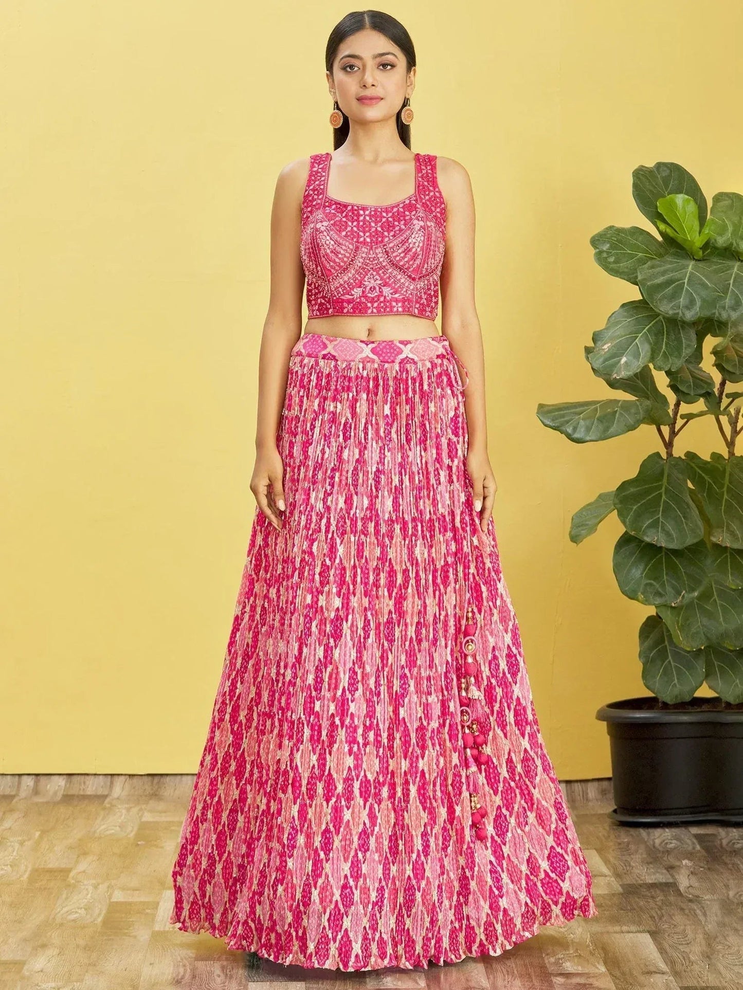 Tulsi Art Beautiful Pink Mirror Work Chinon Reception Wear Lehenga Choli
