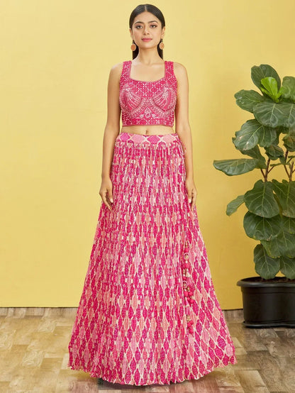 Tulsi Art Beautiful Pink Mirror Work Chinon Reception Wear Lehenga Choli