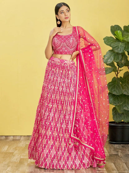 Tulsi Art Beautiful Pink Mirror Work Chinon Reception Wear Lehenga Choli