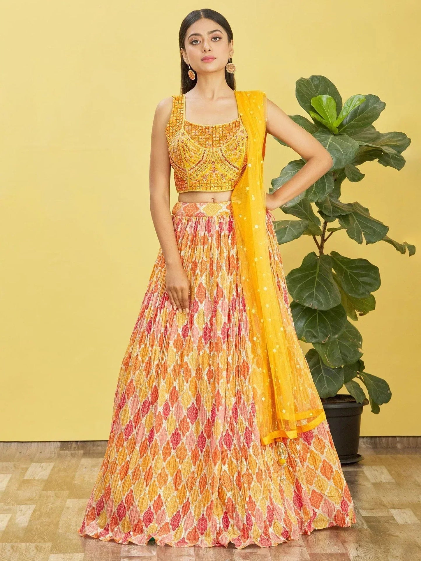 Tulsi Art Sunshine Yellow Mirror Work Chinon Haldi Wear Lehenga Choli