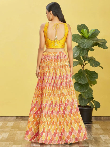 Tulsi Art Sunshine Yellow Mirror Work Chinon Haldi Wear Lehenga Choli