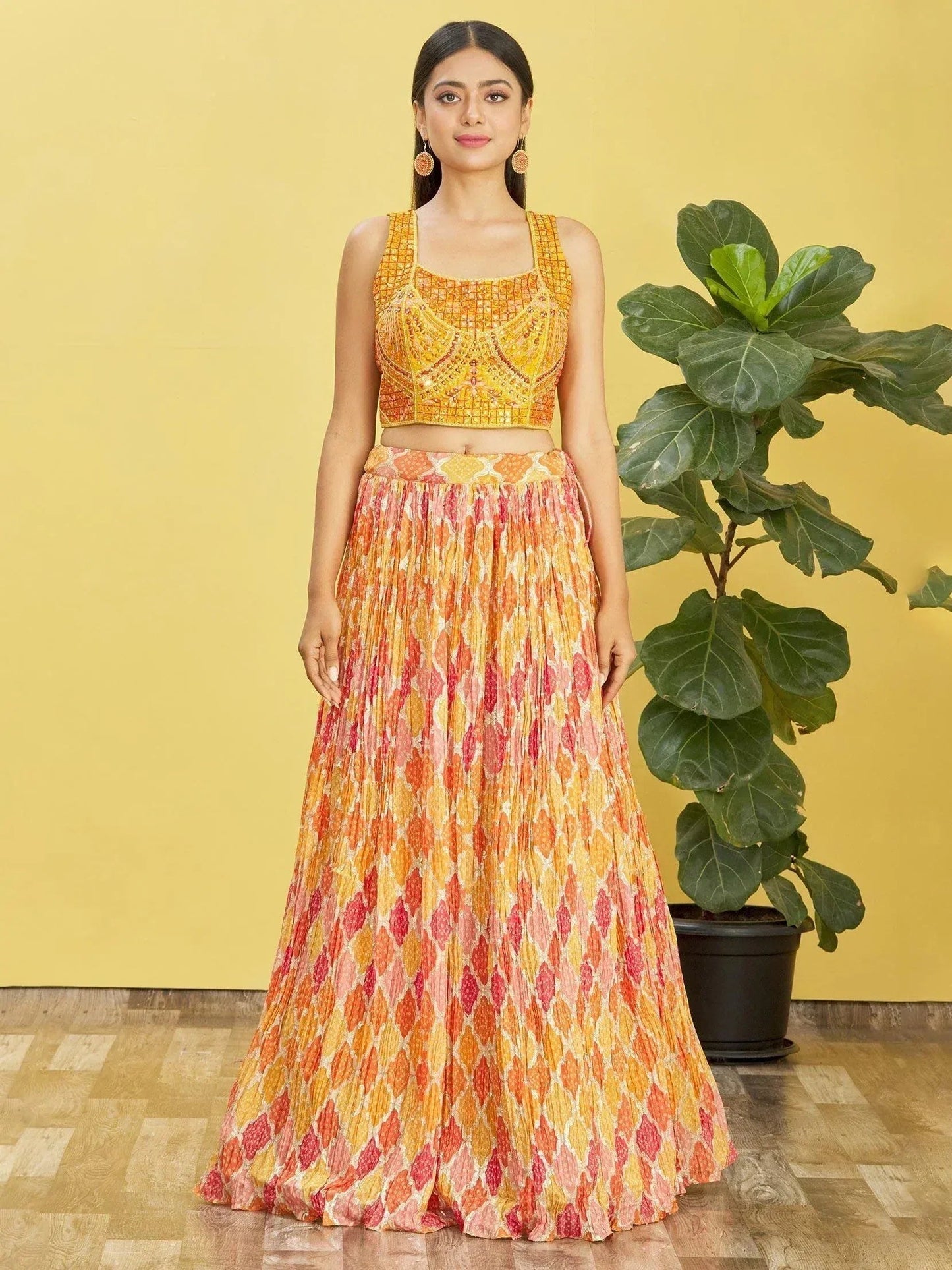 Tulsi Art Sunshine Yellow Mirror Work Chinon Haldi Wear Lehenga Choli