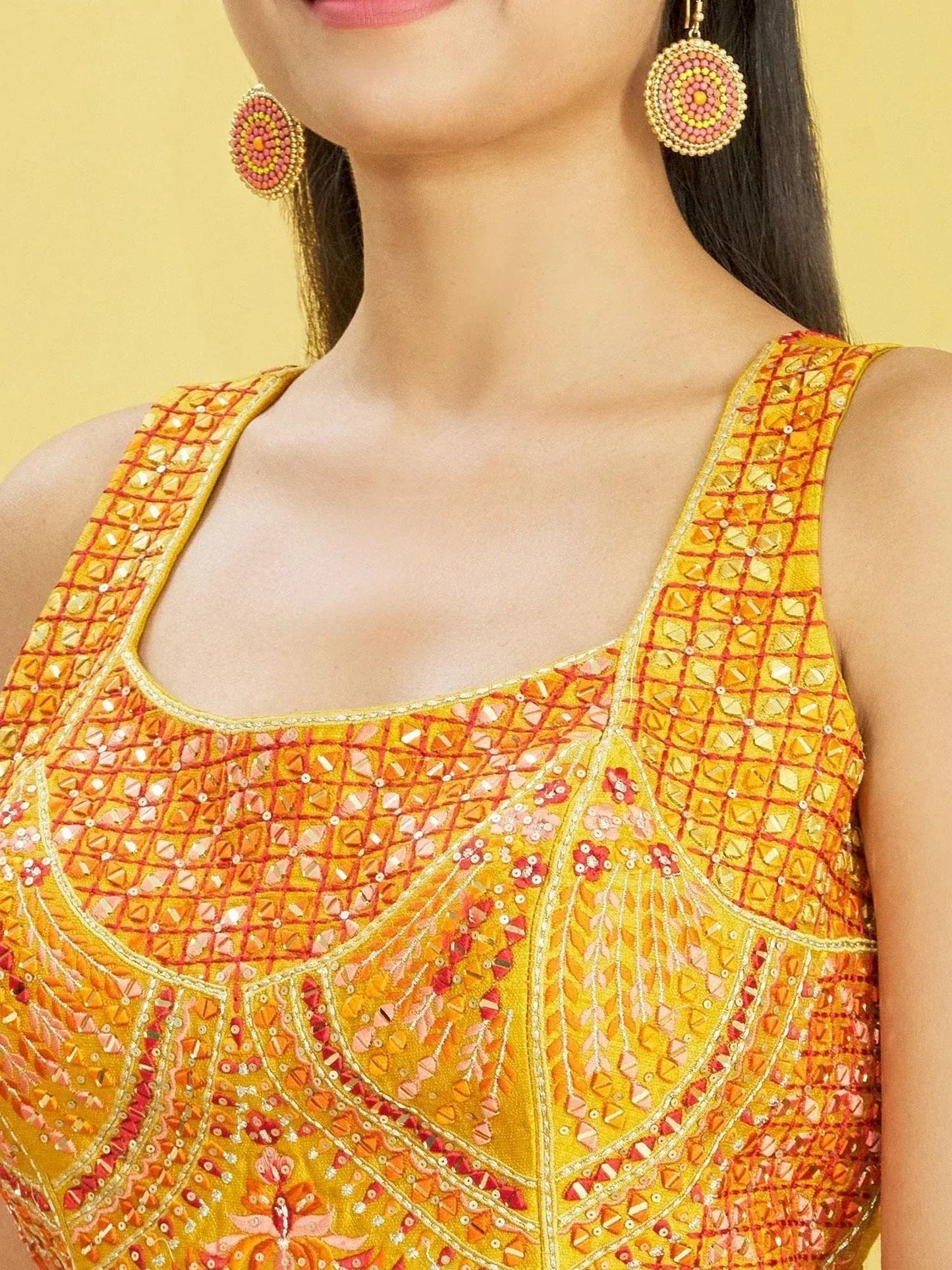 Tulsi Art Sunshine Yellow Mirror Work Chinon Haldi Wear Lehenga Choli