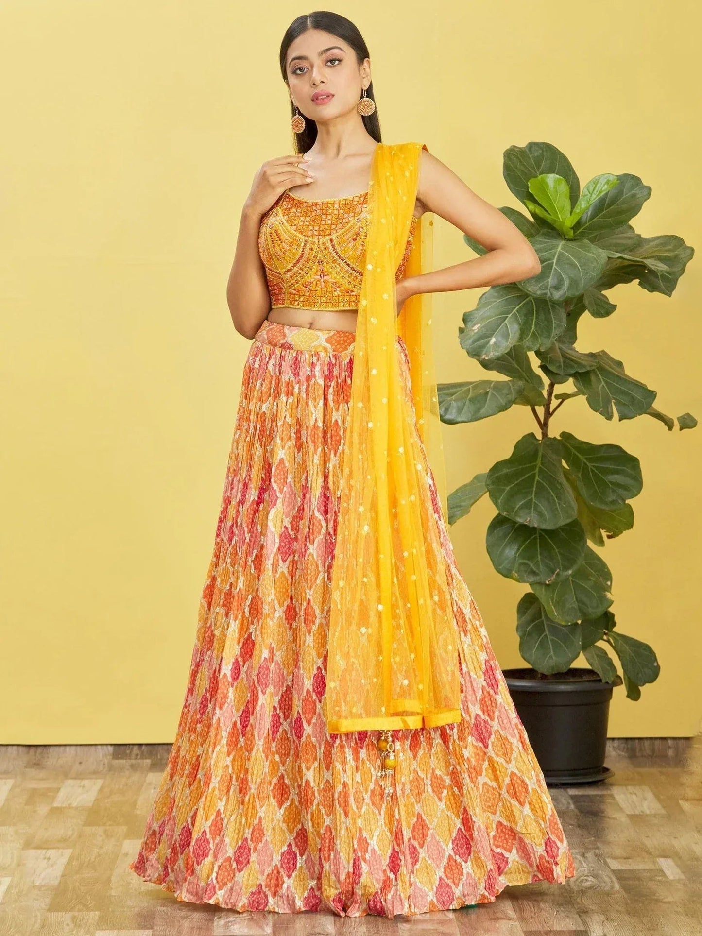 Tulsi Art Sunshine Yellow Mirror Work Chinon Haldi Wear Lehenga Choli
