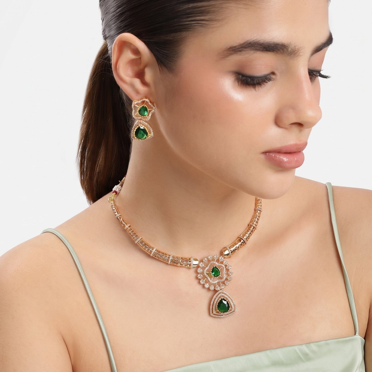 Rajsi Green CZ Hasli Necklace Set