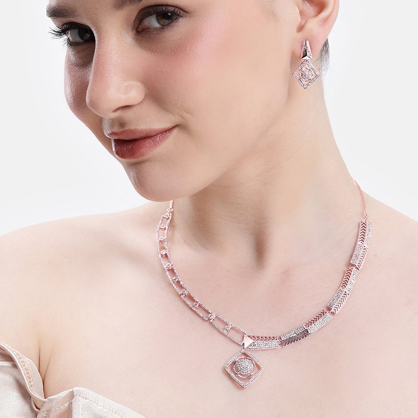Rosegold Geometric Square CZ Necklace Set