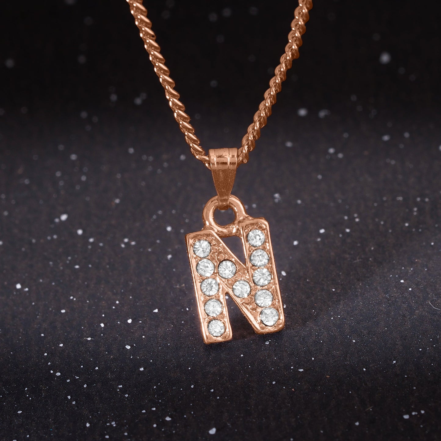 Estele Rosegold Splendid Medium 'N' Letter Pendant with Austrian Crystals for Women