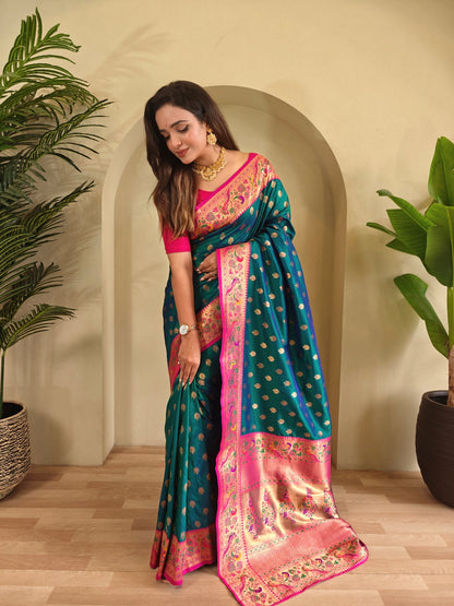 Mameraa Sarees Paithani Silk Blend Weaving Saree With Contrast Blouse-Rama Green