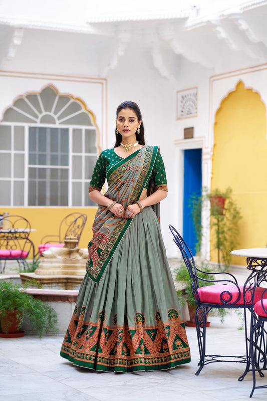 Lorenvalley Fashion Green Tasar Silk Printed And Iconic Sparkle with Lace Border Lehenga Choli with Dupatta