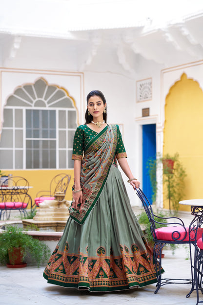 Lorenvalley Fashion Green Tasar Silk Printed And Iconic Sparkle with Lace Border Lehenga Choli with Dupatta