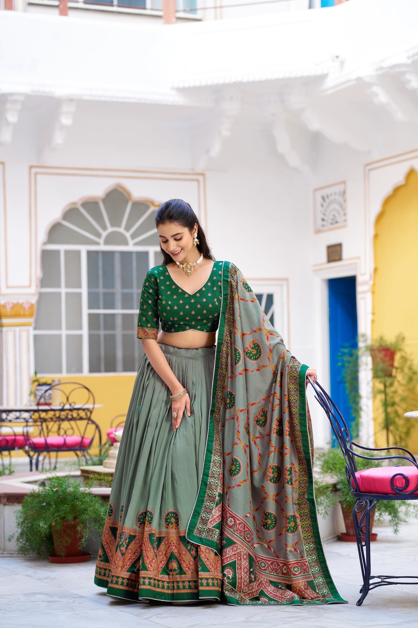 Lorenvalley Fashion Green Tasar Silk Printed And Iconic Sparkle with Lace Border Lehenga Choli with Dupatta