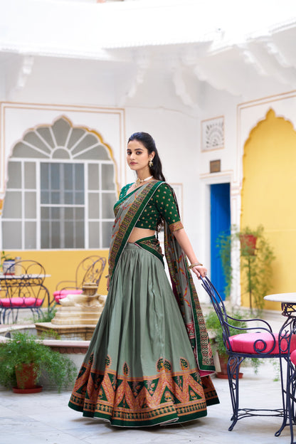 Lorenvalley Fashion Green Tasar Silk Printed And Iconic Sparkle with Lace Border Lehenga Choli with Dupatta