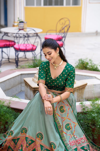Lorenvalley Fashion Green Tasar Silk Printed And Iconic Sparkle with Lace Border Lehenga Choli with Dupatta