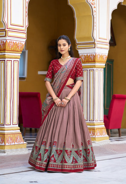 Lorenvalley Fashion Maroon Tasar Silk Printed And Iconic Sparkle with Lace Border Lehenga Choli with Dupatta