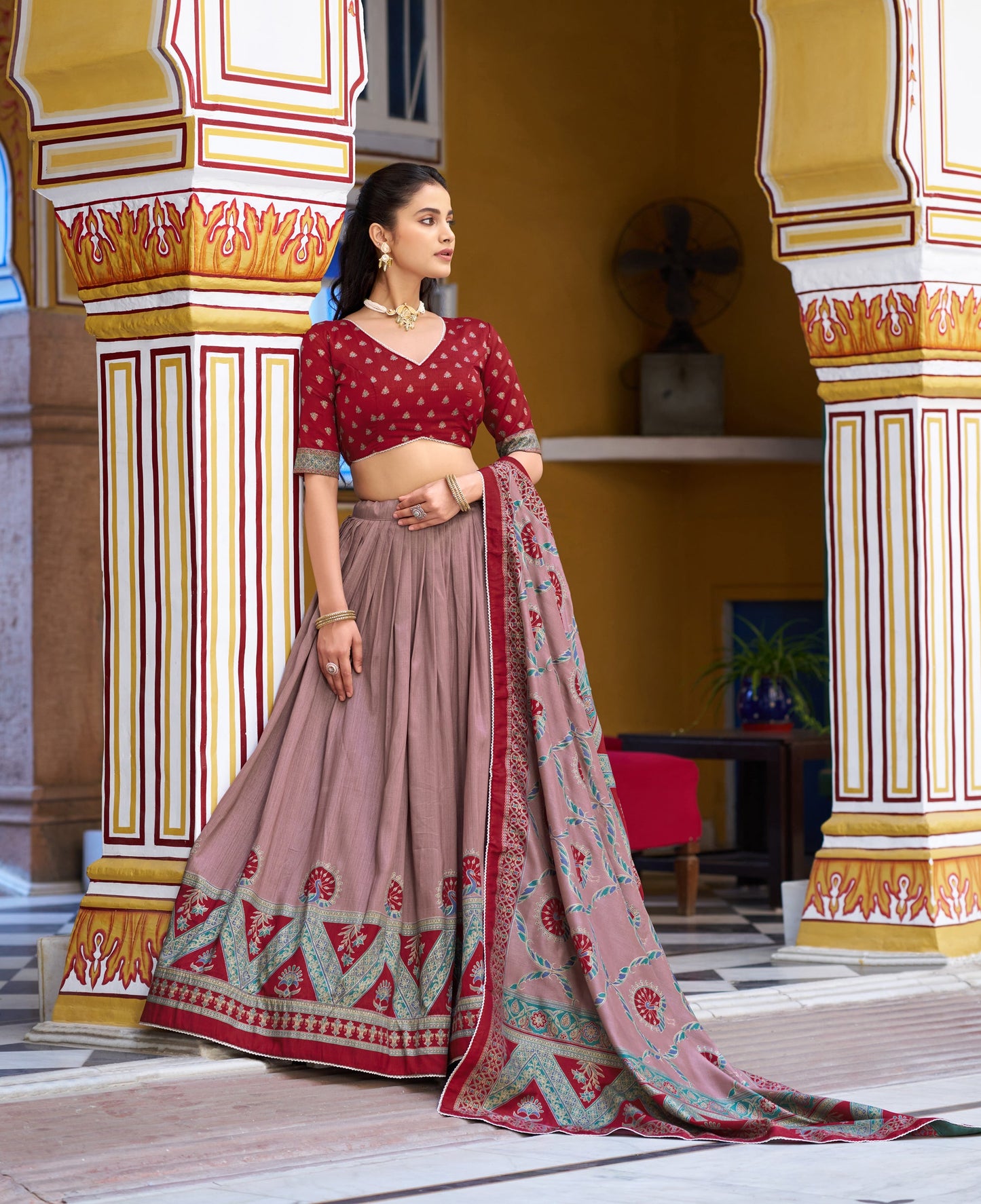Lorenvalley Fashion Maroon Tasar Silk Printed And Iconic Sparkle with Lace Border Lehenga Choli with Dupatta