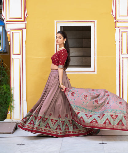 Lorenvalley Fashion Maroon Tasar Silk Printed And Iconic Sparkle with Lace Border Lehenga Choli with Dupatta