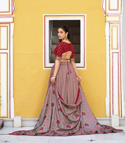 Lorenvalley Fashion Maroon Tasar Silk Printed And Iconic Sparkle with Lace Border Lehenga Choli with Dupatta