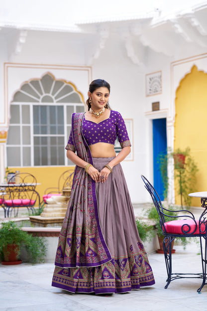 Lorenvalley Fashion Purple Tasar Silk Printed And Iconic Sparkle with Lace Border Lehenga Choli with Dupatta