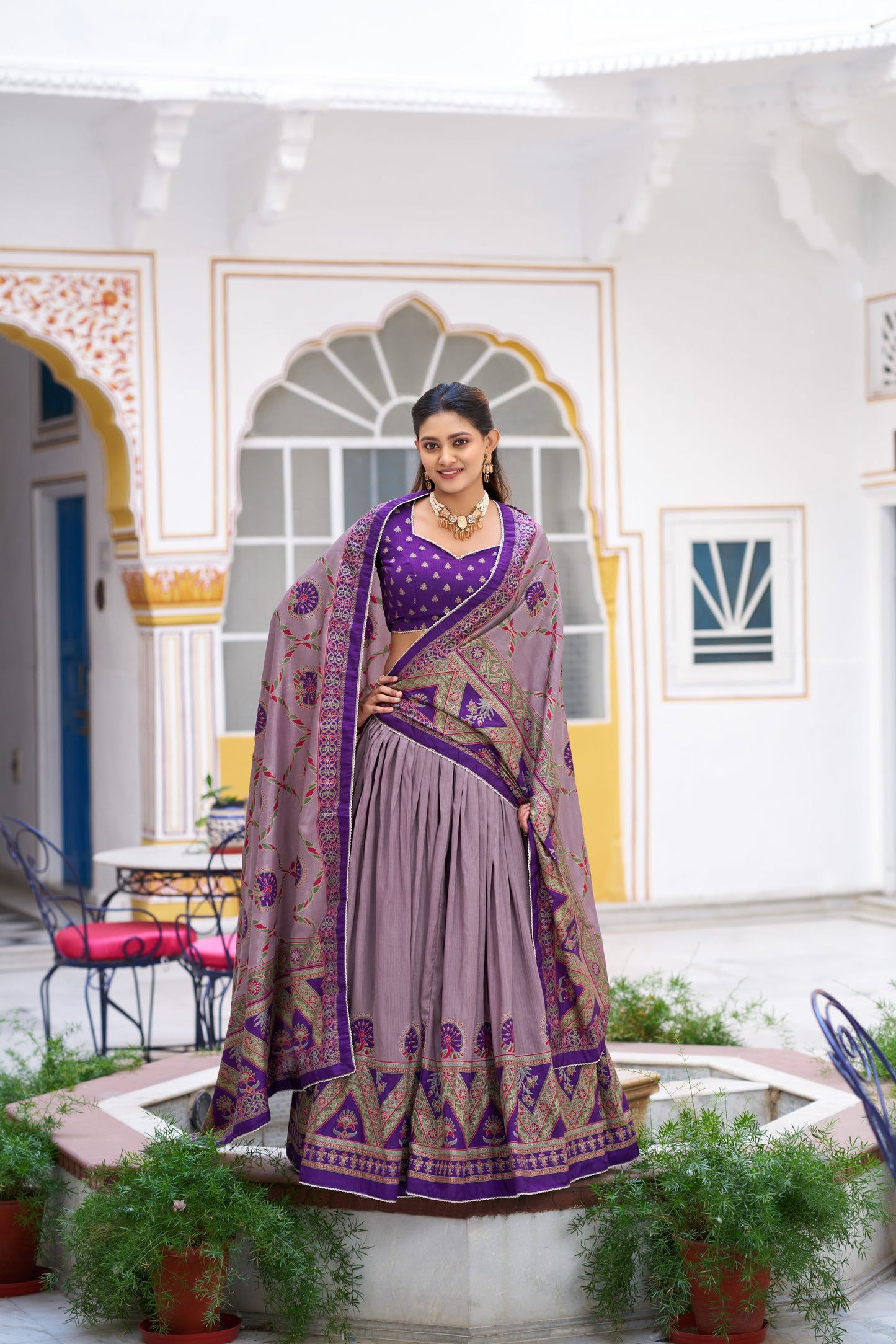 Lorenvalley Fashion Purple Tasar Silk Printed And Iconic Sparkle with Lace Border Lehenga Choli with Dupatta