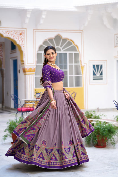 Lorenvalley Fashion Purple Tasar Silk Printed And Iconic Sparkle with Lace Border Lehenga Choli with Dupatta