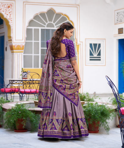 Lorenvalley Fashion Purple Tasar Silk Printed And Iconic Sparkle with Lace Border Lehenga Choli with Dupatta